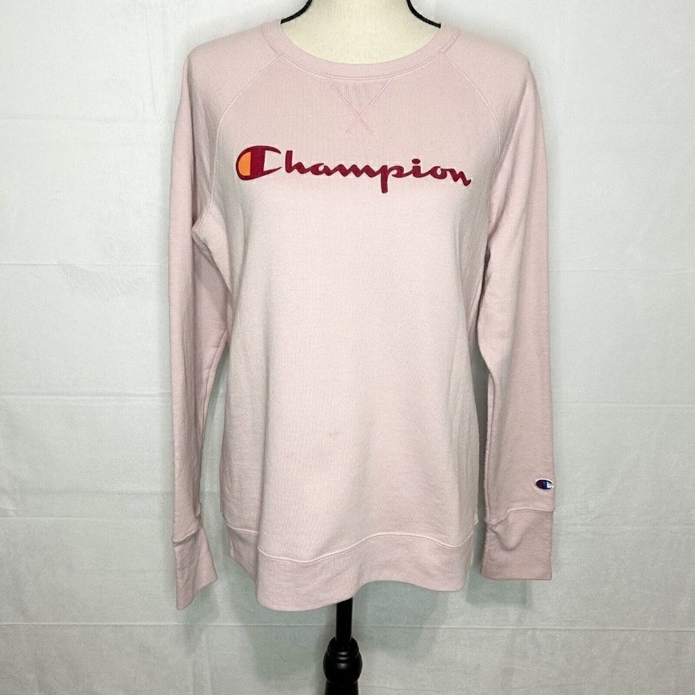 Champion Sweater Womens Sz M Pink Pullover Sweatshirt Athleisure Spell Out